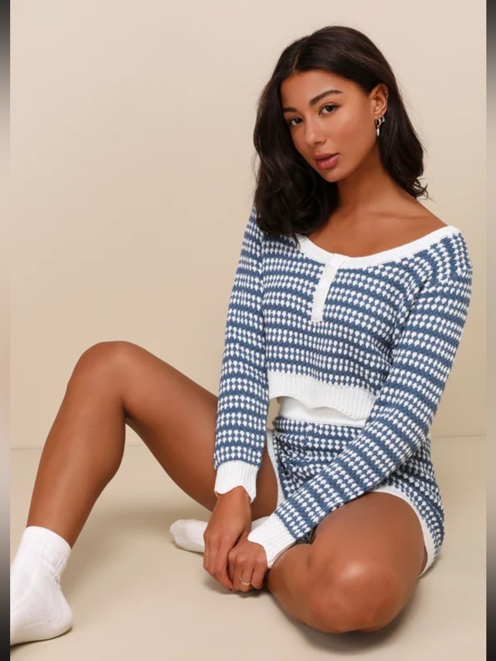 Lulus Cozy Blue & White Knit Henley Lounge Set - Women Intimates & Sleepwear